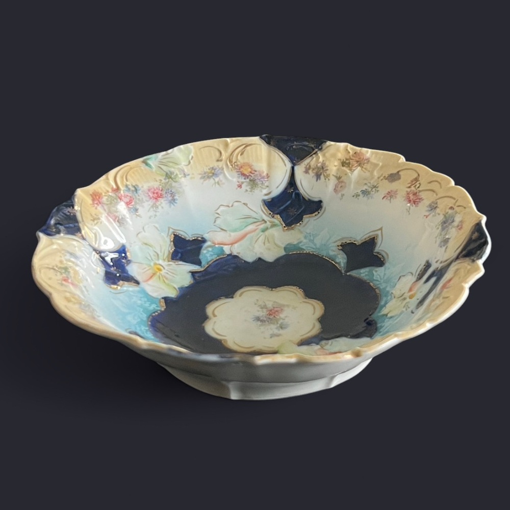 ANTIQUE Unmarked RS Prussia Cobalt Blue Iris Cabinet Bowl